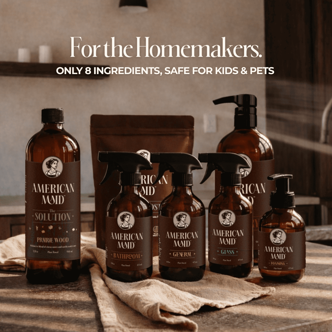 American Maid starter kit with cleaning supplies and tools in a compact, organized set for household cleaning efficiency.