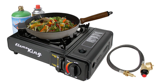 Flame King portable camping gas stove with single burner, ideal for outdoor cooking with butane and propane fuel.