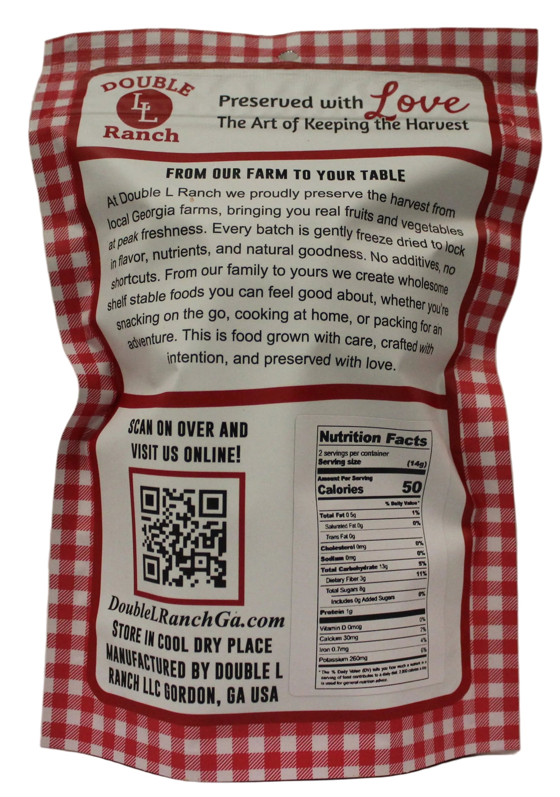 Freeze-dried strawberries by Double L Ranch shown from the back, highlighting the vibrant red color and dried texture.