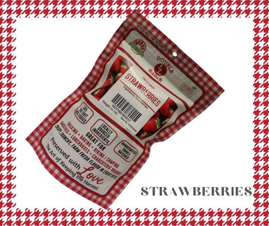 Freeze-dried strawberries by Double L Ranch, showing vibrant red, crunchy slices of dried strawberry fruit on a white background.