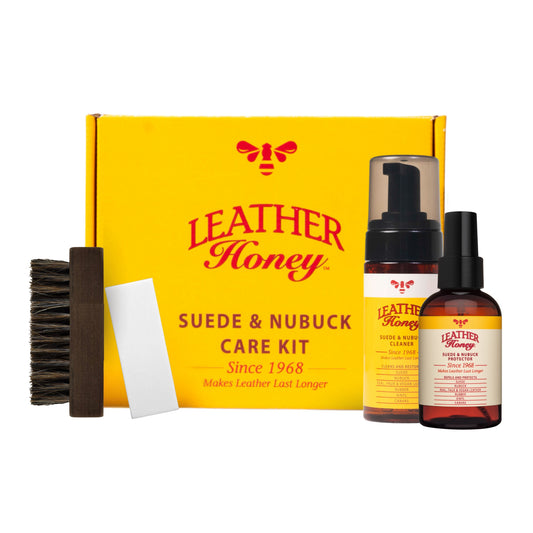Leather Honey suede and nubuck care kit with brushes and cleaning products for maintaining and restoring soft suede and nubuck shoes.
