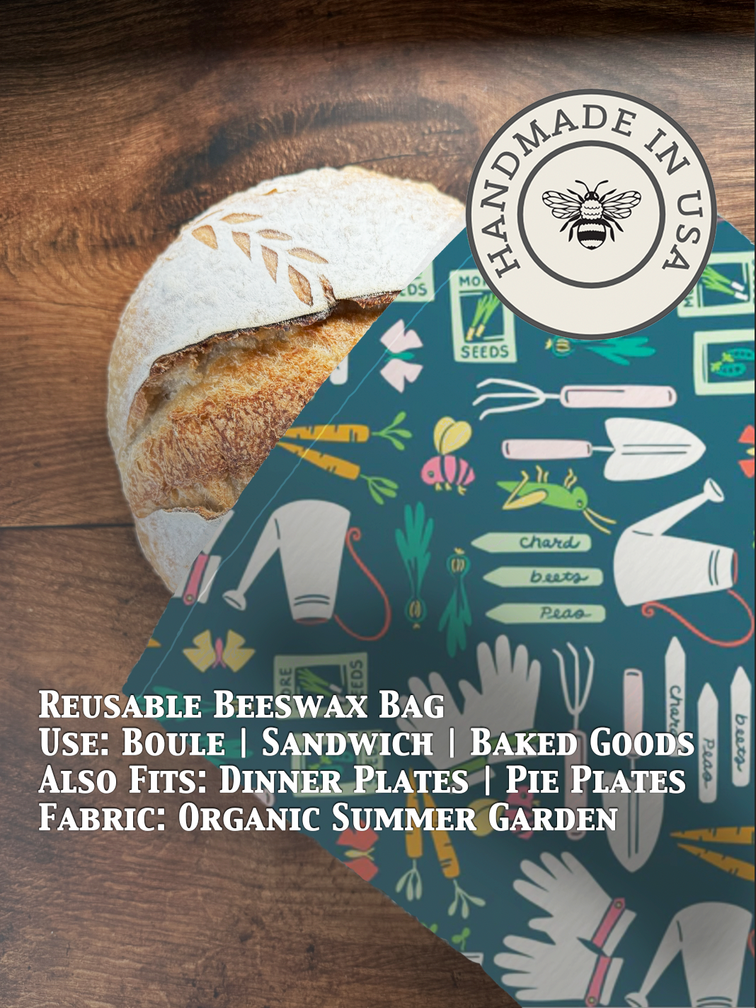 Beeswaxed bread bag from Five Oaks Farm with a summer garden background, showcasing a natural, reusable bread storage solution.