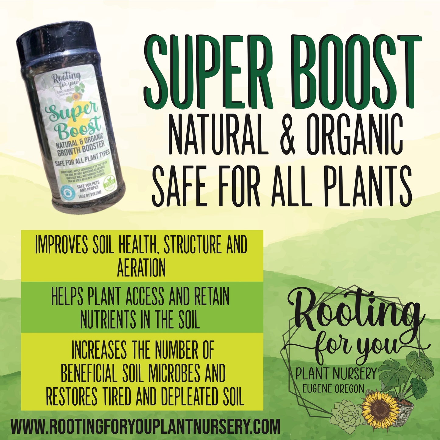 Organic Super Boost growth booster bottle by Rooting For You Plant Nursery, 16oz, PET safe, suitable for all soil types.