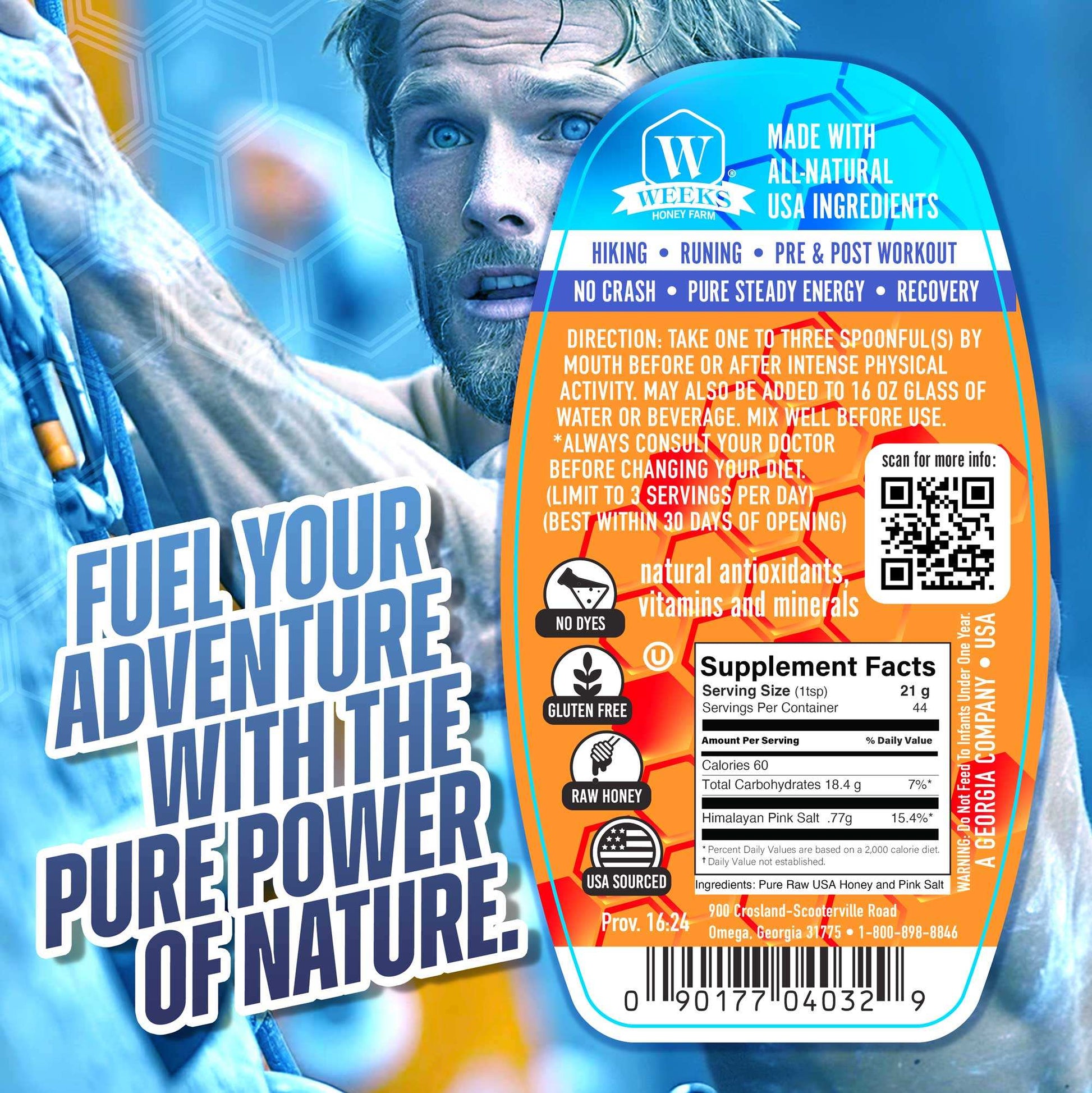 A man grips a climbing wall. In the foreground, bold text reads, Fuel your adventure with Surge Honey™ by Weeks Honey Farm to energize and boost electrolytes for pre/post workouts, next to the supplement label with Himalayan Pink Salt and usage instructions.