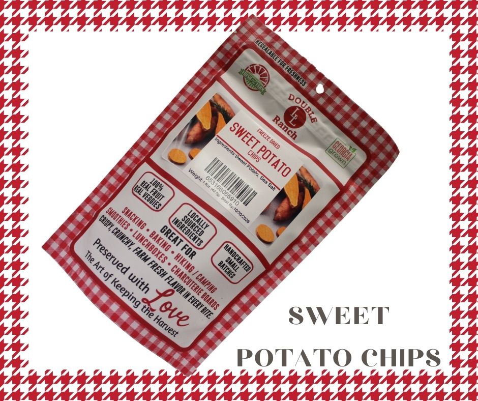 Freeze dried sweet potato chips by Double L Ranch, crispy orange snack slices on a white background.