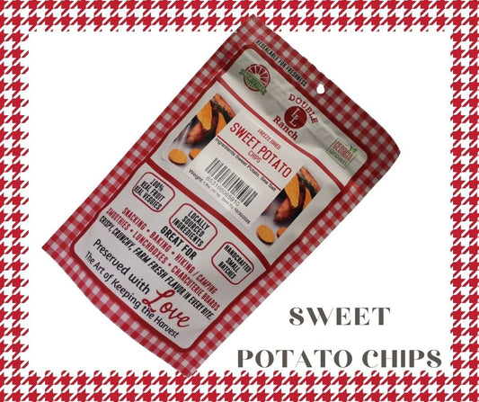 Freeze dried sweet potato chips by Double L Ranch, crispy orange snack slices on a white background.
