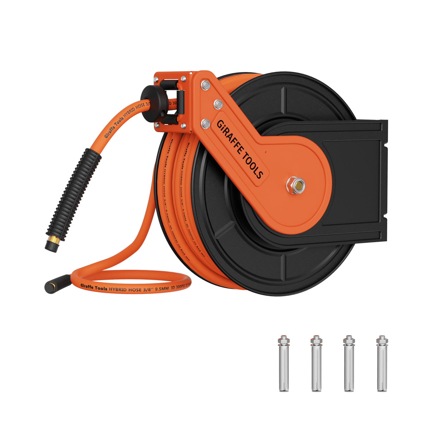 Giraffe Tools US retractable air hose reel with alloy steel construction, 3/8 inch, available in 25 or 50 feet length.