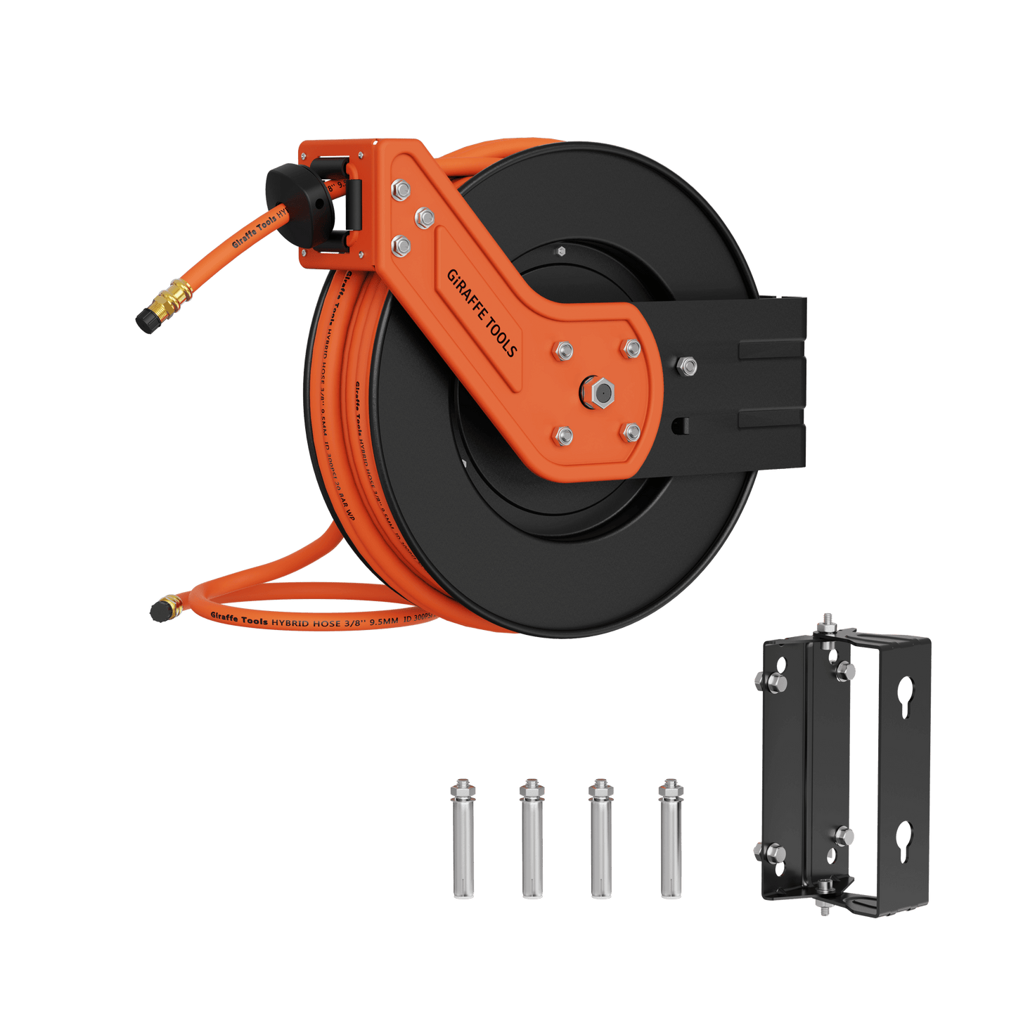 Giraffe Tools US retractable air hose reel with 3/8 inch alloy steel reel, 25 to 50 feet length, featuring a durable design