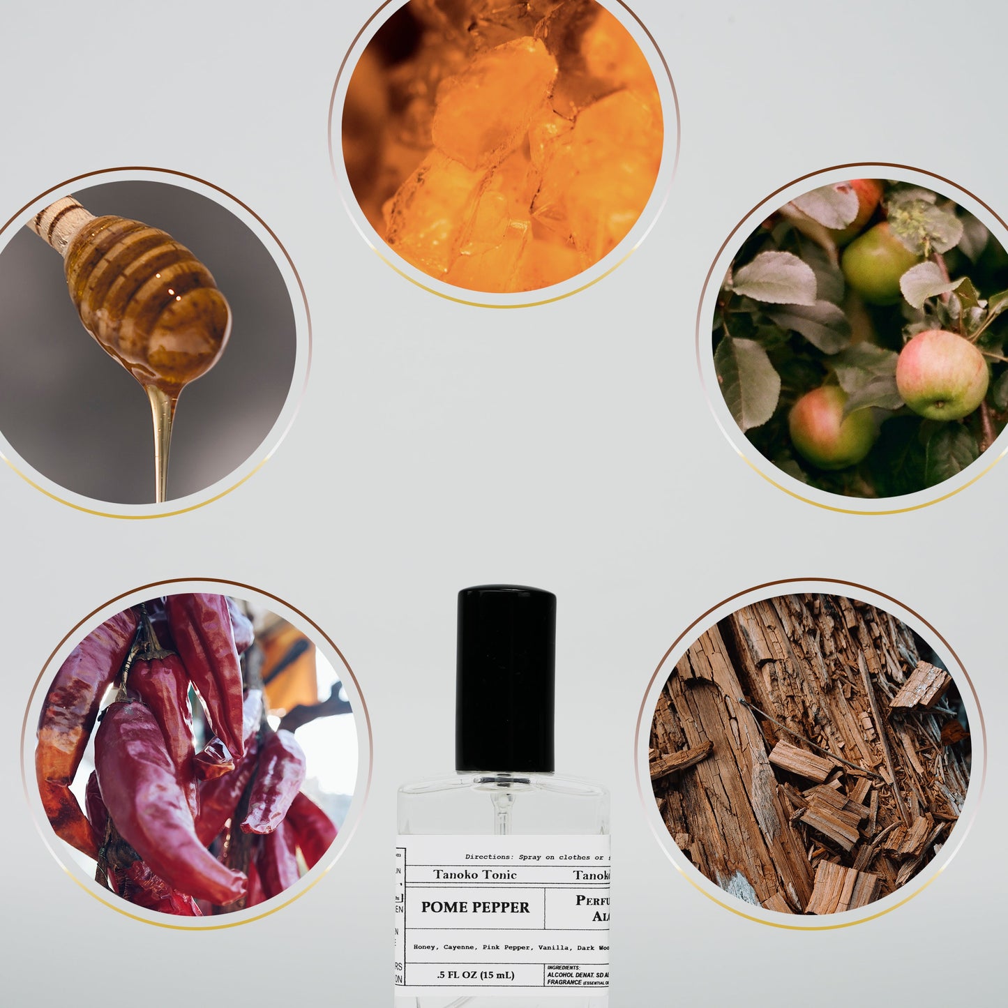 A re-fillable Rustic Strength Perfume Sample Pack is centered below five circular images—honeycomb, apples on a tree, wood shavings, red chili peppers, and honey—hinting at the distinctive scents in each vial.