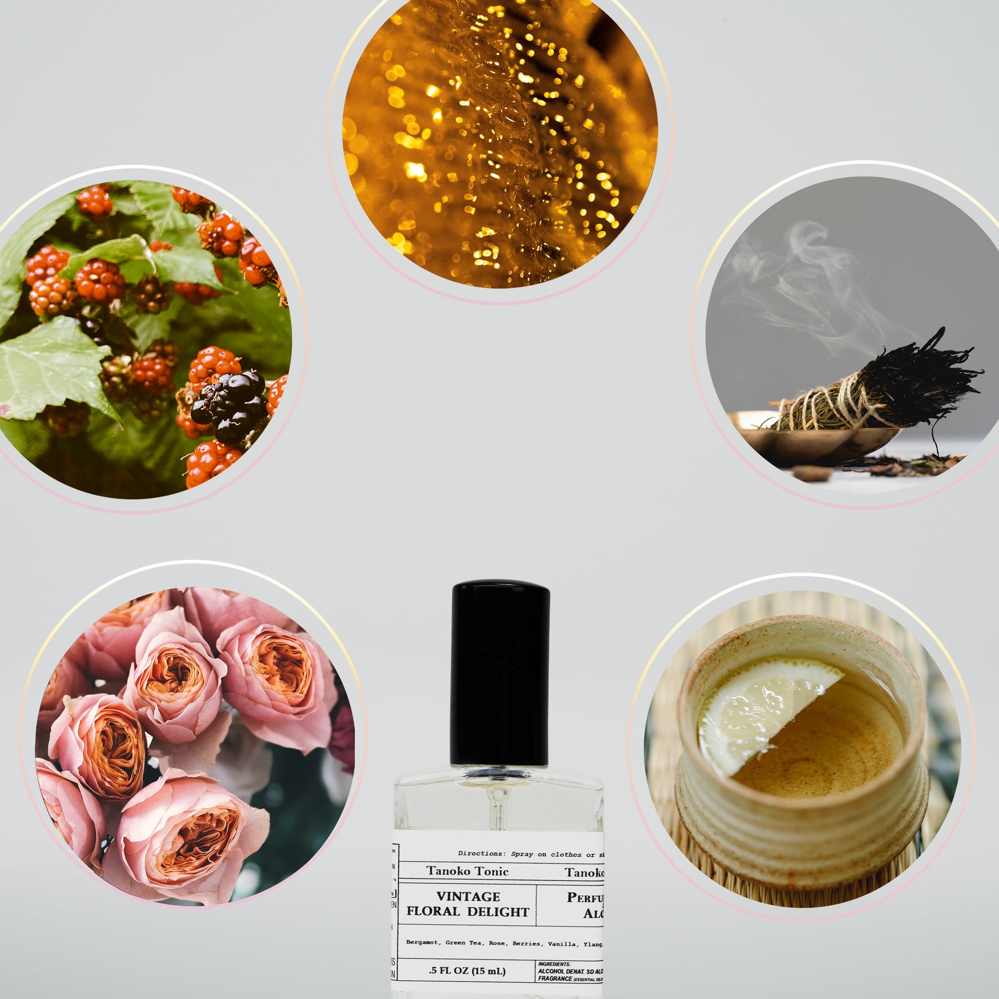A centered Perfume Sample Pack by Rustic Strength features one vial of each scent, surrounded by honey, burning sage, roses, a glass of drink, and ripe blackberries to highlight its rich fragrance variety.