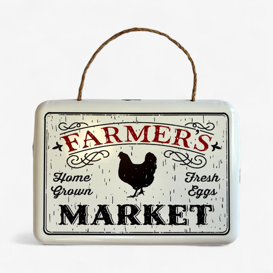 Vintage Farmer's Market Sign with Chicken, Rustic Metal Home Decor