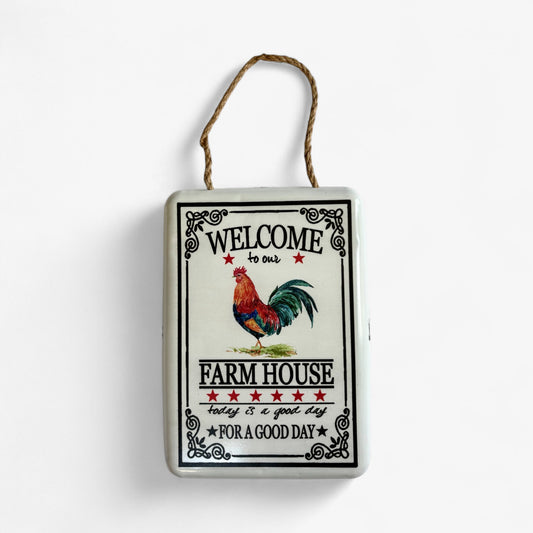 Rustic Farmhouse Welcome Sign with Rooster, Vintage Metal Wall Decor