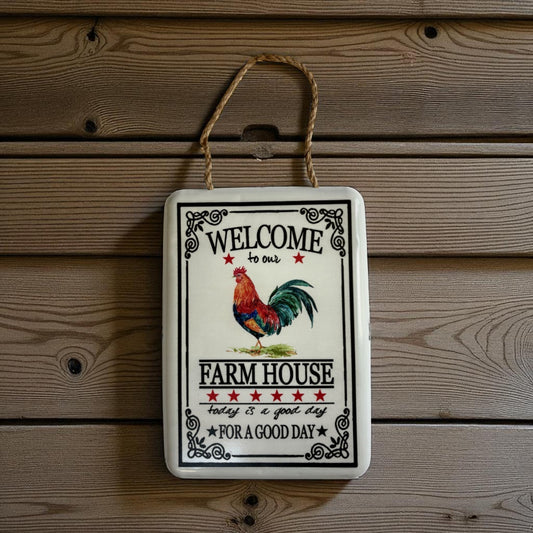Rustic Farmhouse Welcome Sign with Rooster, Vintage Metal Wall Decor