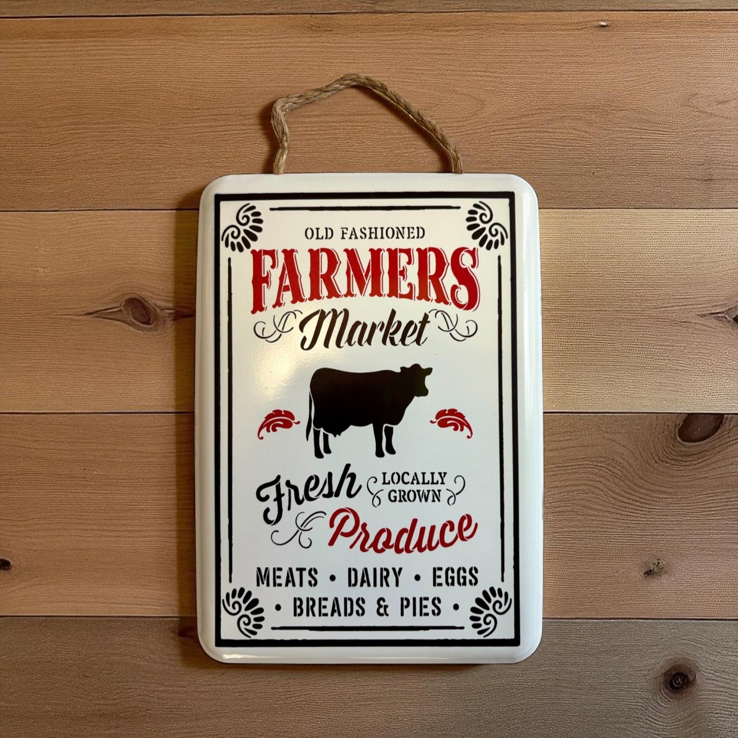 Old Fashioned Farmers Market Sign with Cow, Vintage Metal Wall Art