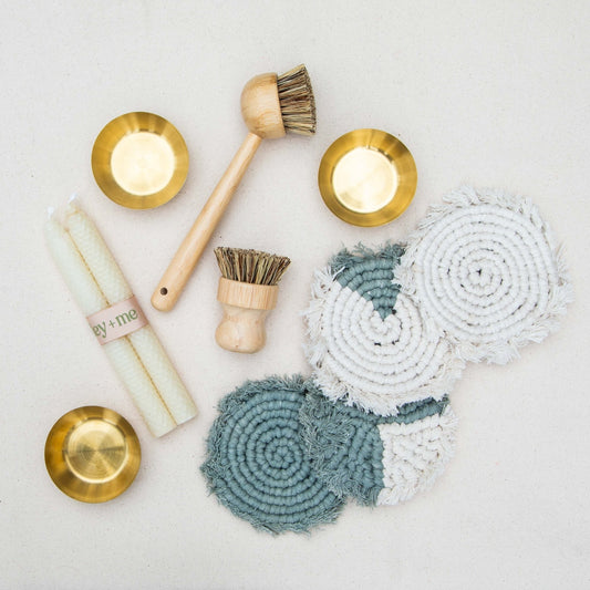 Set of four handmade macrame boho coasters by Tilley + Me, featuring intricate woven designs for stylish table decor.