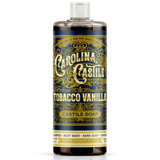 Creamy Tobacco Vanilla Castile Soap by Carolina Castile Soap in a 32 oz bottle, with rich vanilla and tobacco scent.