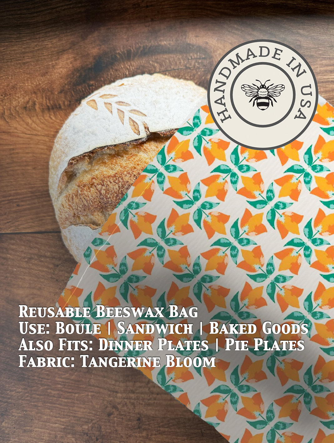 Beeswaxed bread bag from Five Oaks Farm with a vibrant Tangerine Bloom pattern, ideal for storing fresh bread naturally.