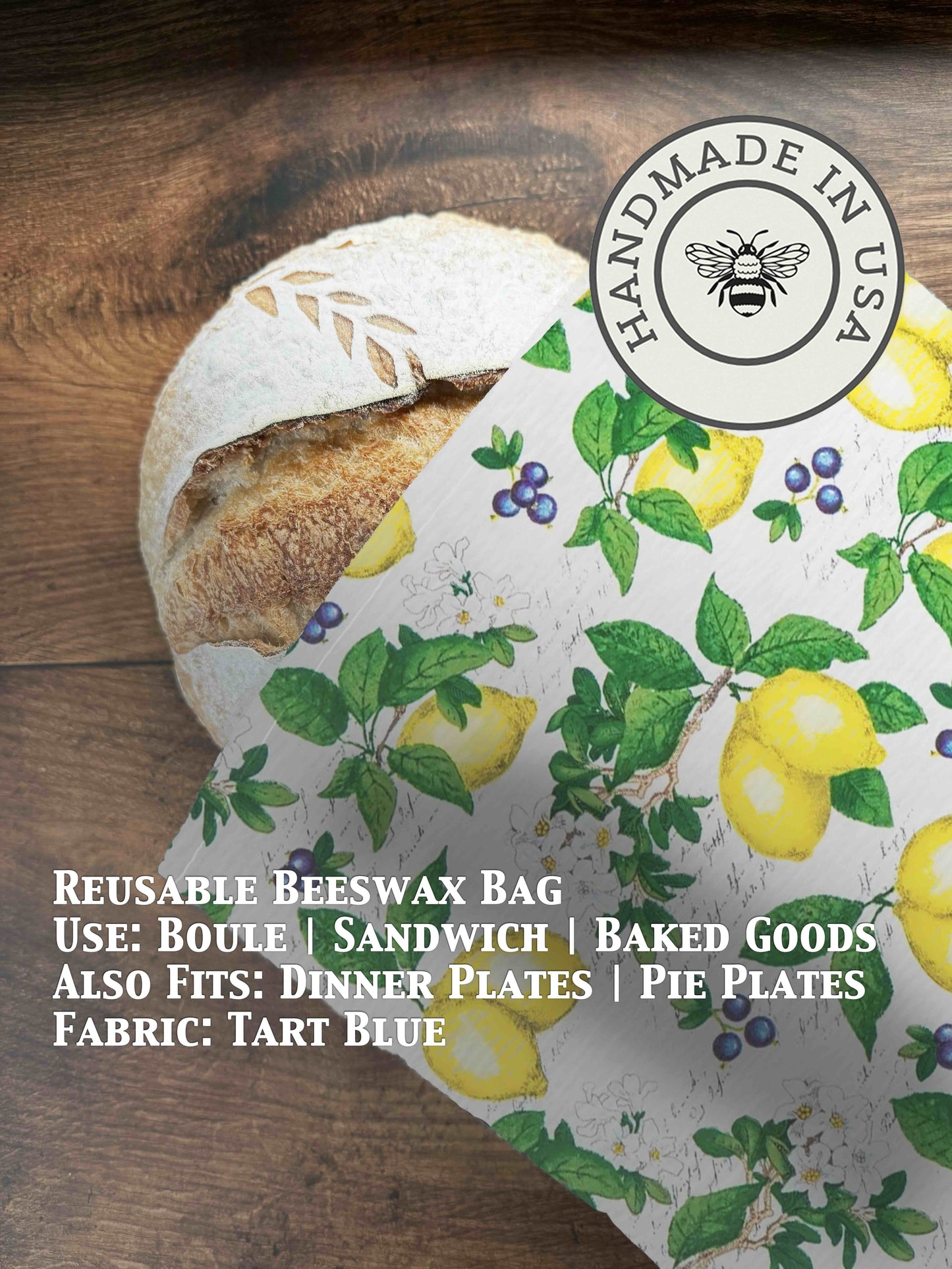 Blue beeswaxed bread bag from Five Oaks Farm, reusable and eco-friendly with natural tart blue fabric and beeswax coating.