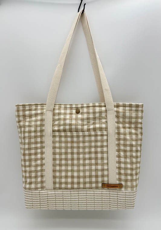 Handmade Gingham Tote Bag in Taupe & Cream with Quilted Bottom - C2 Creations LLC ~ Blessings Grow Meadows