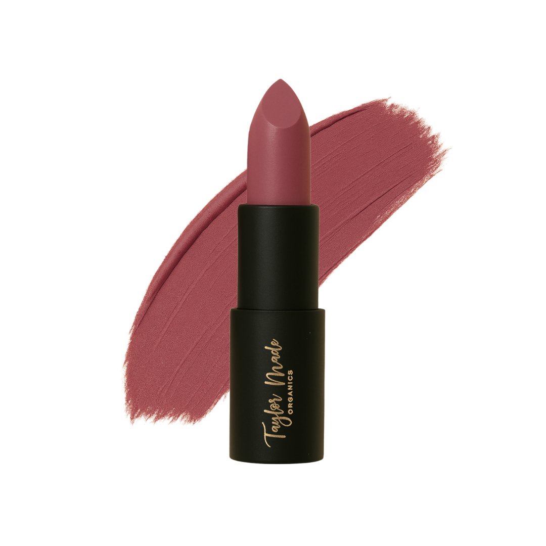 Organic lipstick by Taylor Made Organics in a sleek tube, featuring a rich, natural lipstick shade ready for application.