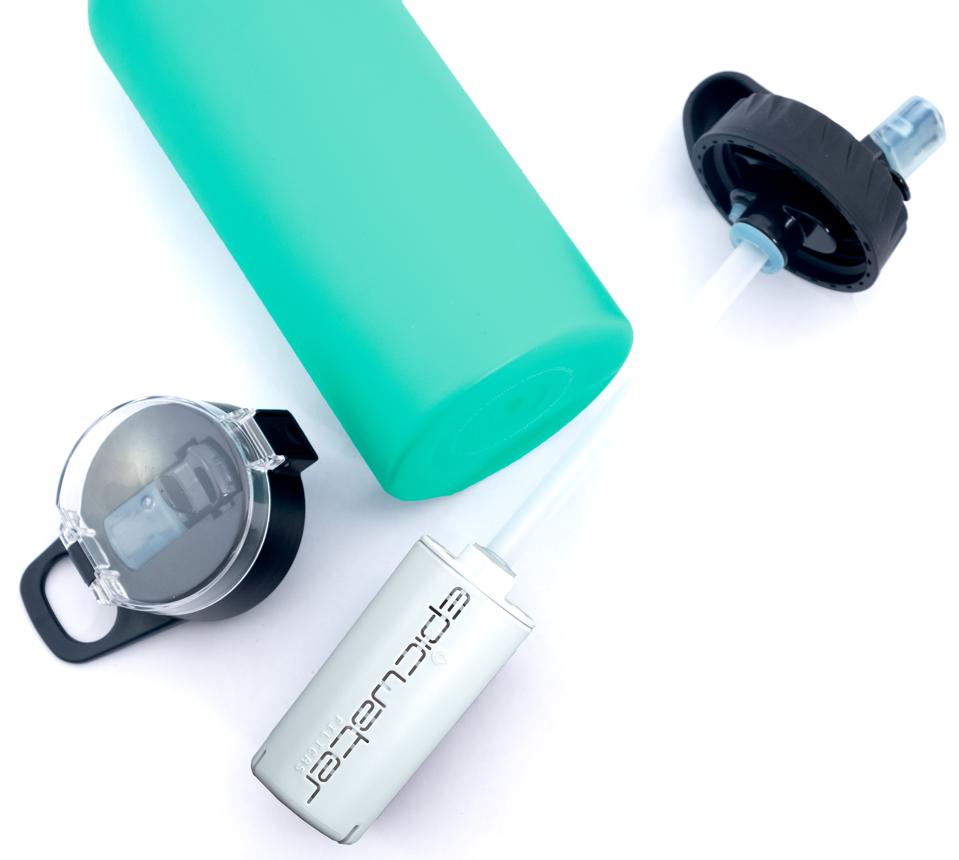 Epic Water Filters The Answer 2.0 water filter compatible with Hydro Flask and Nalgene bottles, shown attached to a water bottle.