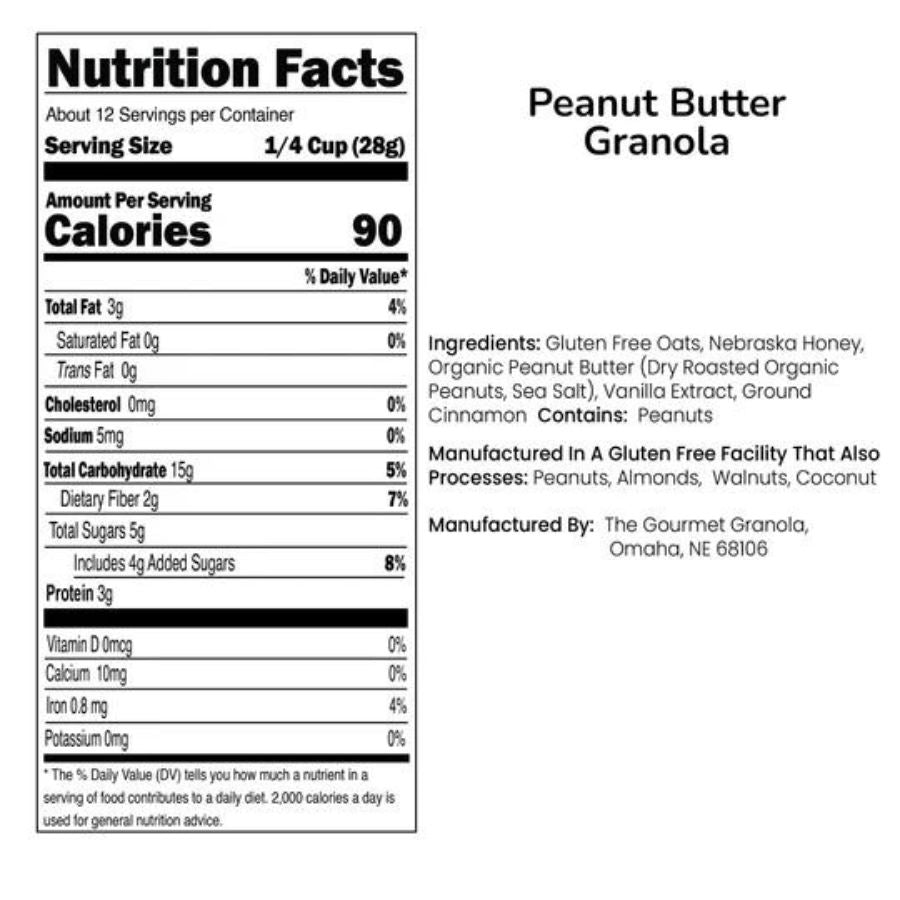Two 12 oz packs of The Gourmet Granola Peanut Butter Granola, gluten, soy, and dairy free, shown in resealable bags.