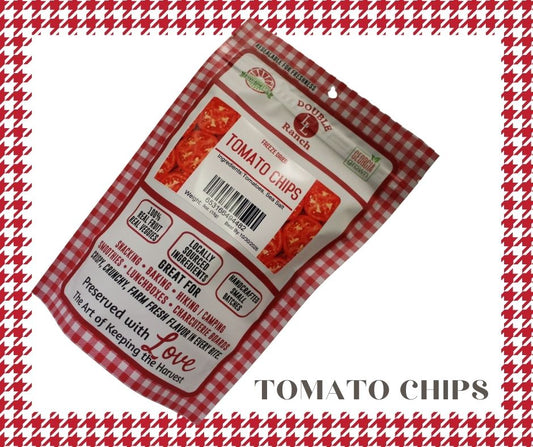 Freeze-dried tomato chips by Double L Ranch, crispy tomato slices with vibrant red color and textured surface.