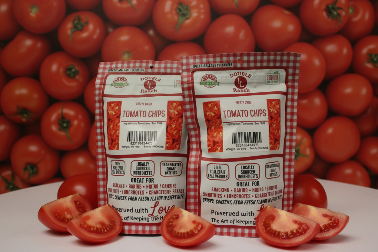 Freeze-dried tomato chips by Double L Ranch, crispy snack with vibrant red tomato slices perfect for healthy snacking.