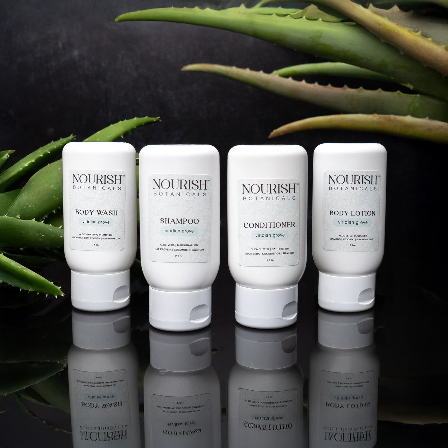 Rustic Strength Botanical Sample Set from Viridian Grove featuring natural bath and body products in travel-sized containers.