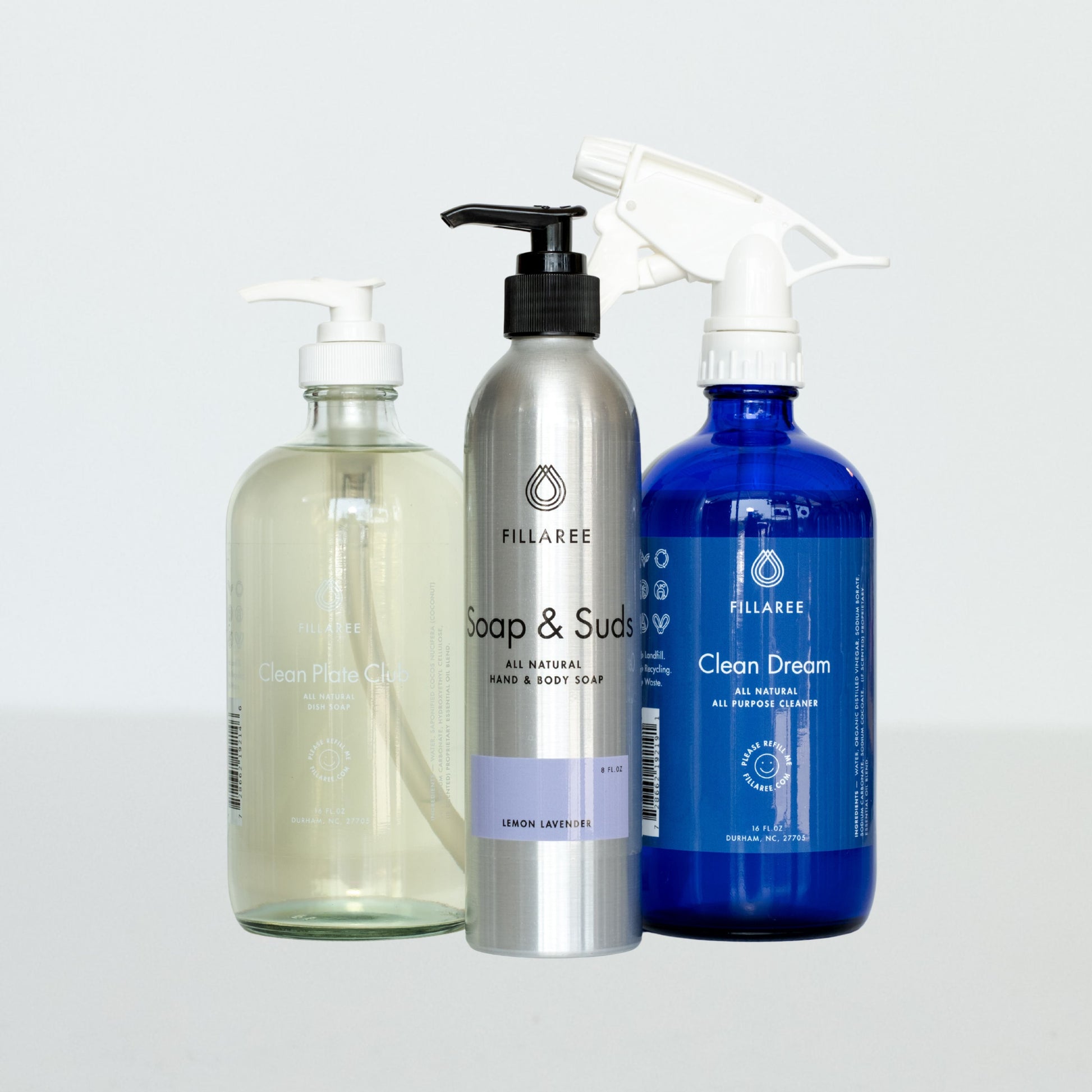 Fillaree Refillable Trio of lavender-scented cleaning products, eco-friendly refillable containers for a clean home and happy planet.