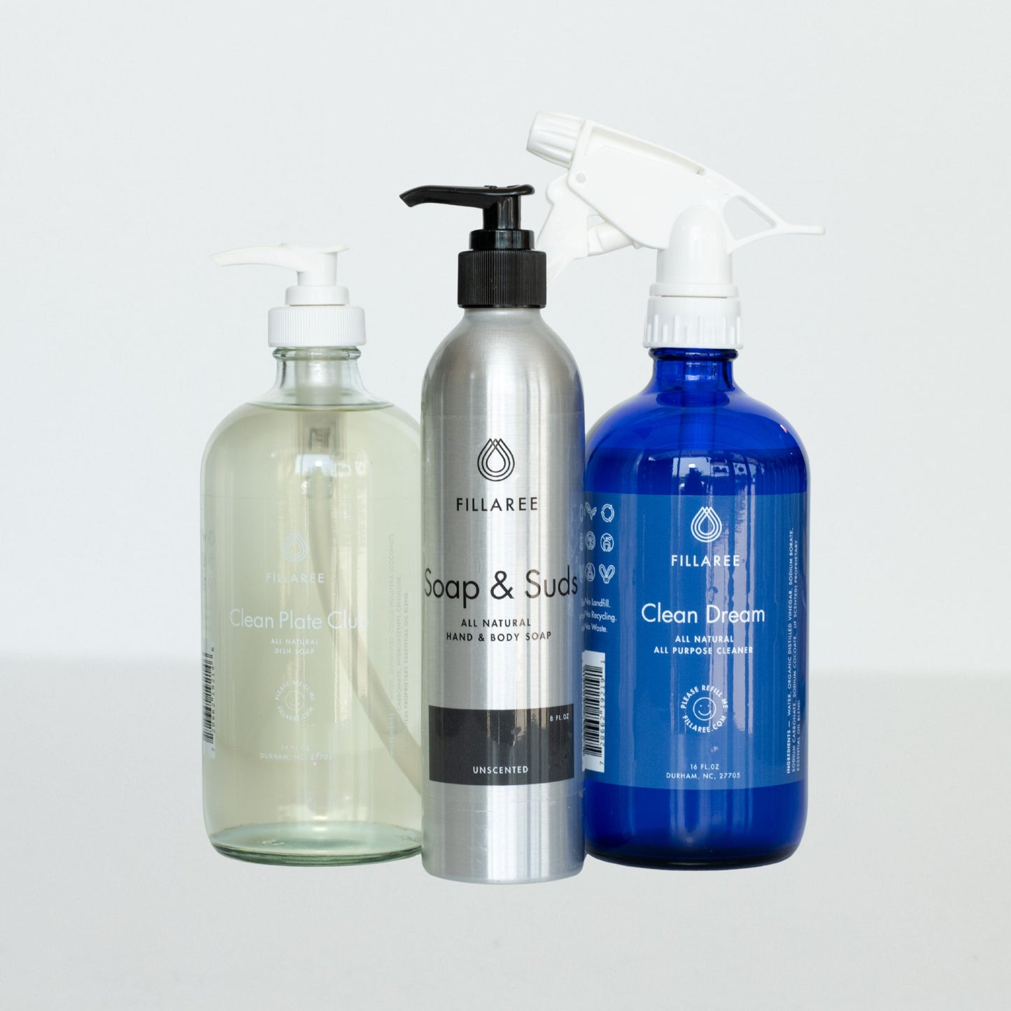 Fillaree Refillable Trio of individual products for clean home, unscented eco-friendly refillable cleaning supplies.