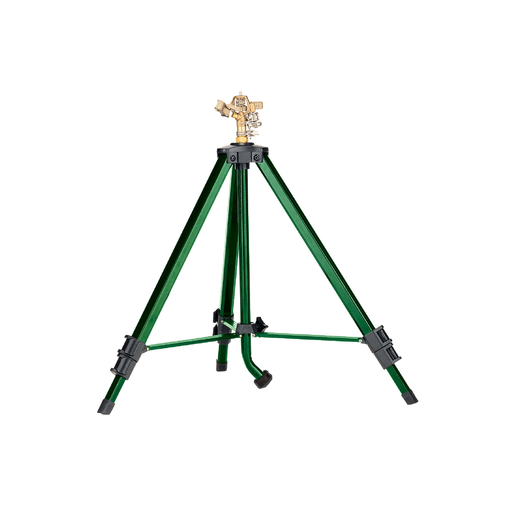 Orbit Irrigation 1/2 inch brass impact sprinkler on tripod base, ideal for large lawn areas, with adjustable spray and sturdy tripod stand.