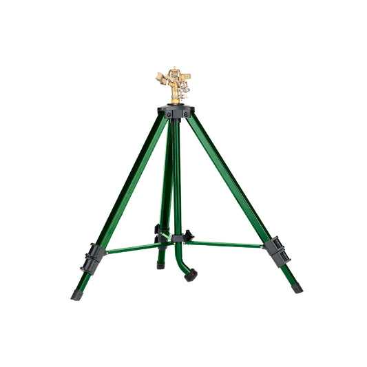 Orbit Irrigation 1/2 inch brass impact sprinkler on tripod base, ideal for large lawn areas, with adjustable spray and sturdy tripod stand.