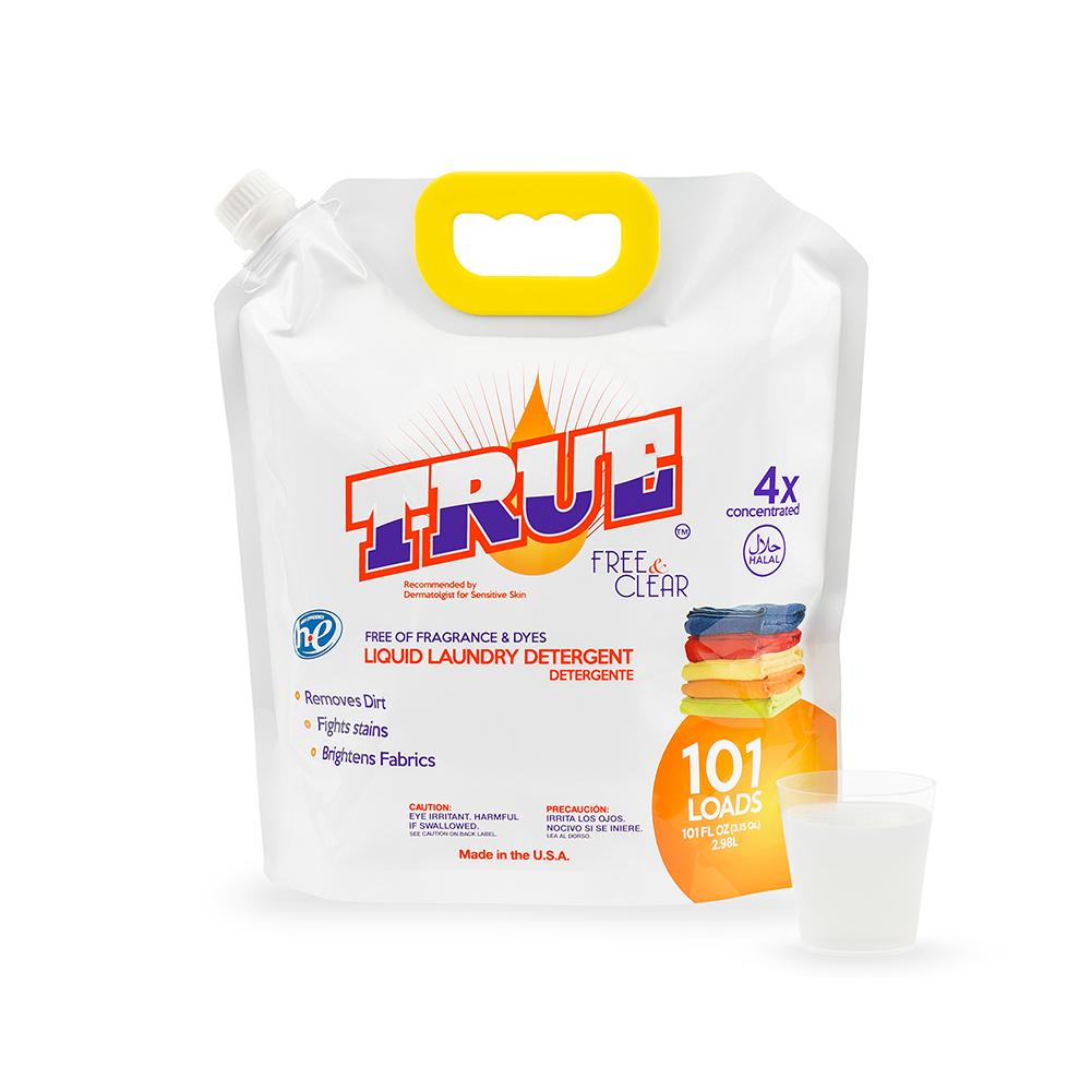 True Free & Clear Laundry Detergent for Sensitive Skin, 101 fl oz bottle, gentle liquid formula for sensitive skin.