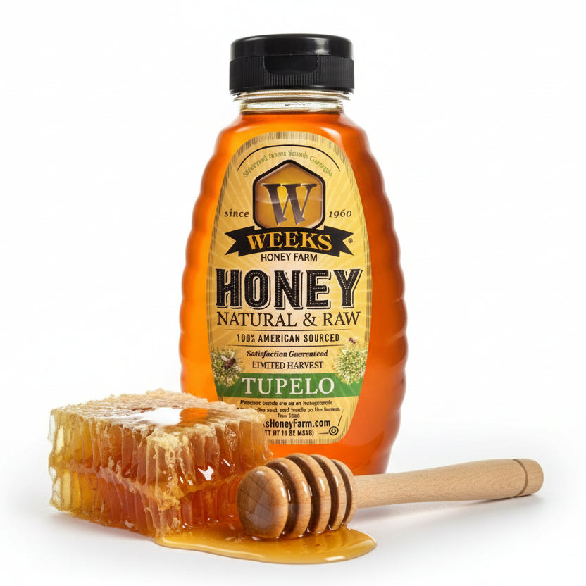 Weeks Honey Farm Tupelo raw honey squeeze bottle, 16 oz, from the Blackberry, Orange Blossom and Tupelo gift set