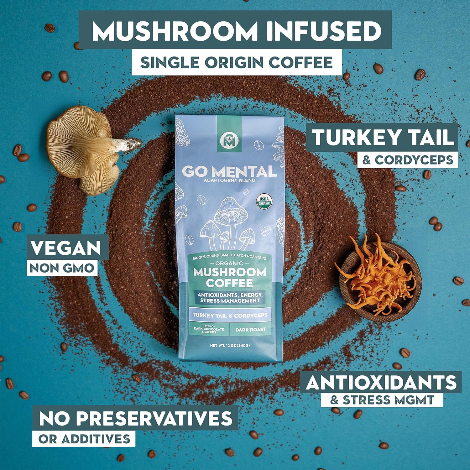 Turkey Tail & Cordyceps Mushroom Coffee Adaptogens Blend - GO MENTAL MUSHROOM COFFEE ~ Blessings Grow Meadows