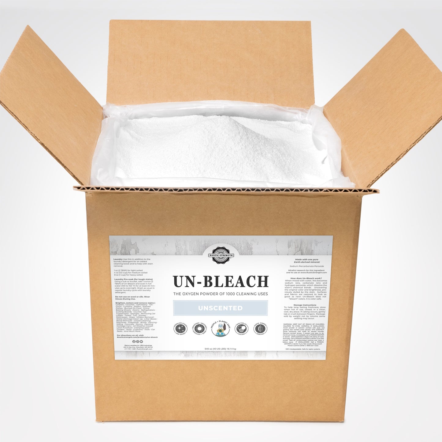 A cardboard box of Rustic Strength Un-Bleach, an unscented, toxin-free oxygen powder bleach alternative for eco cleaning, features a detailed front label and contains white powder inside a clear plastic liner.