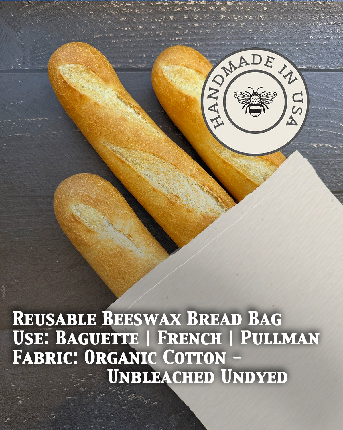 Unbleached beeswaxed baguette bag from Five Oaks Farm, made from natural farm-grown materials, showcasing its rustic design.