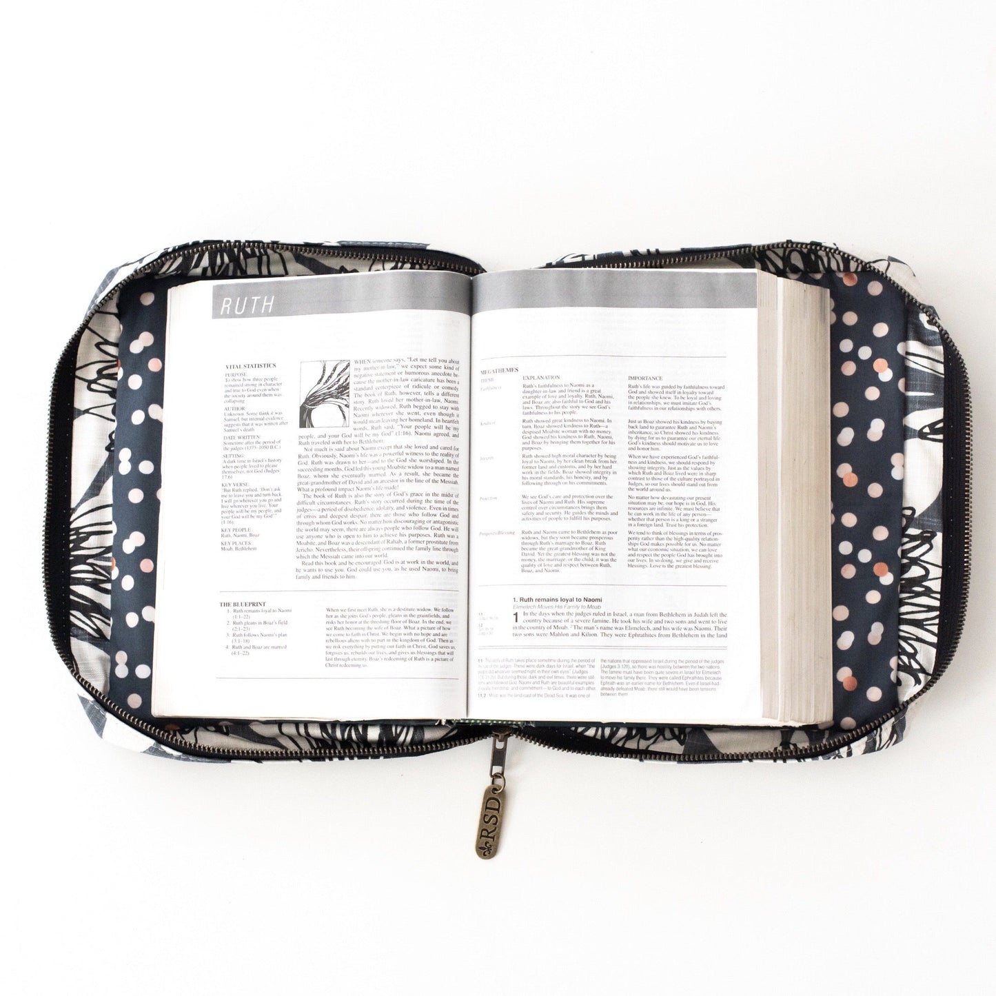 Black slim Bible cover by Rebekah Scott Designs with steel dot lining and zipper, designed to protect your Bible in style.