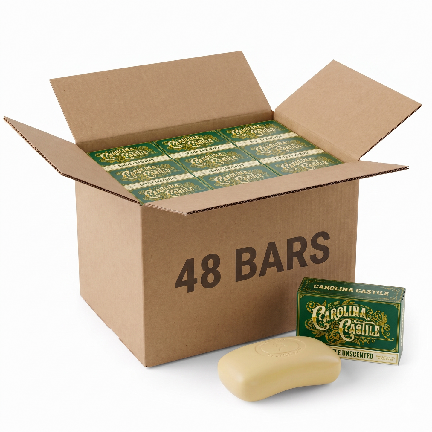 Set of 48 Carolina Castile Soap unscented bar soaps in plain white packaging, gentle and natural cleansing for sensitive skin.