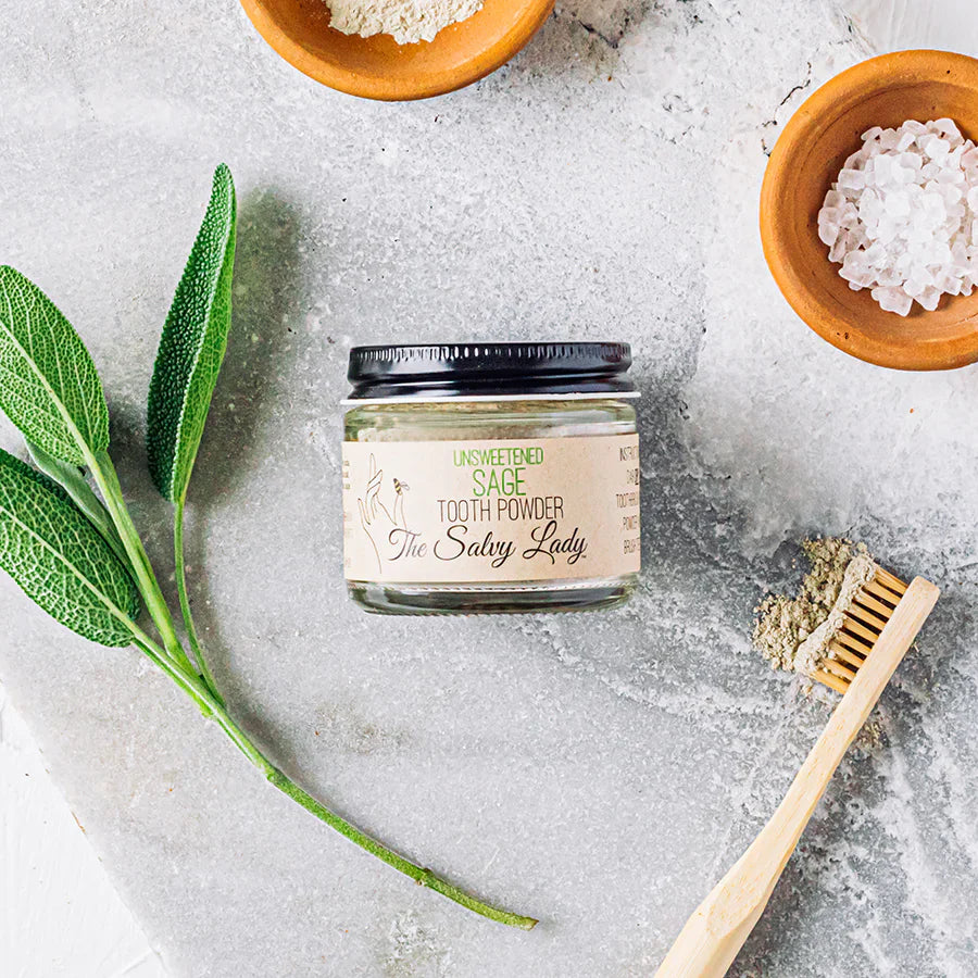 Unscented sage tooth powder by The Salvy Lady, 2 oz, fluoride-free, natural bath and body product with multiple flavor options.