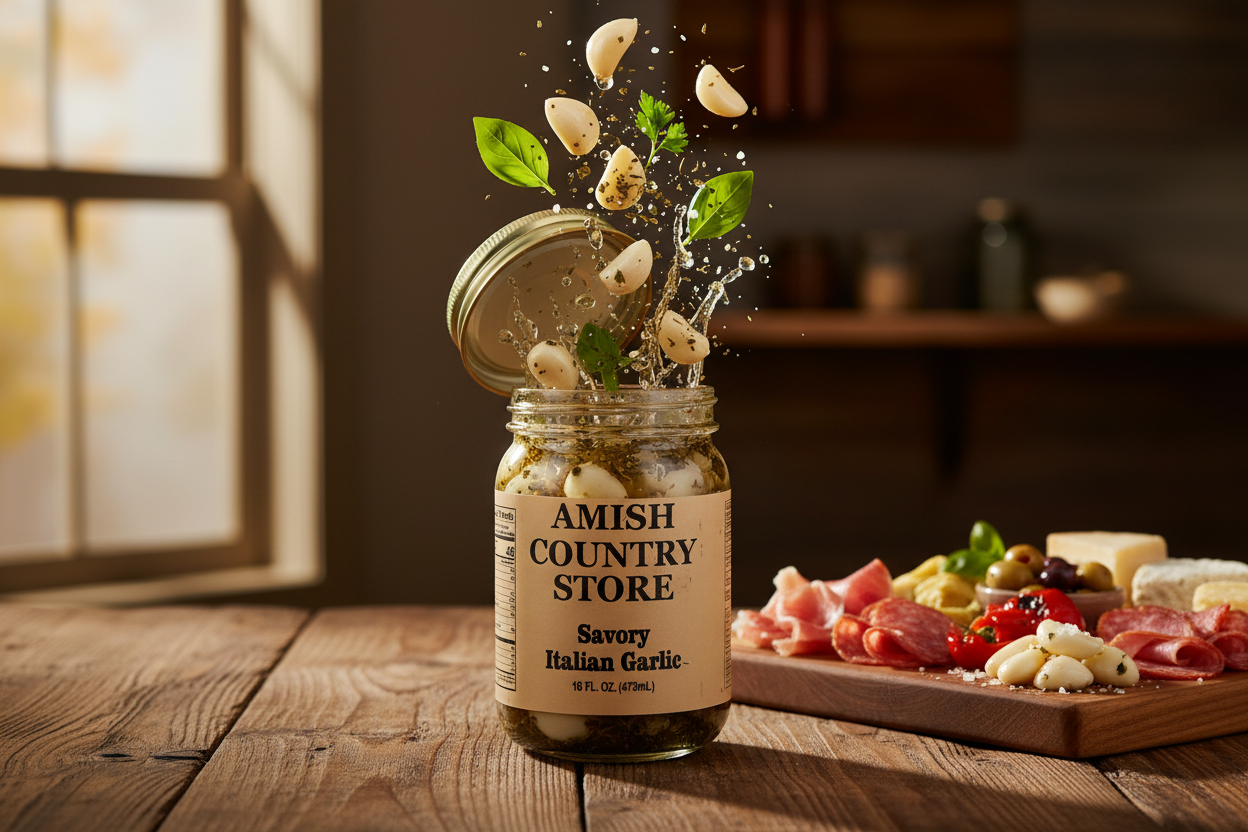 Canned Amish Country Store Savory Italian Garlic in 16oz container, showing the label and garlic cloves inside the can.