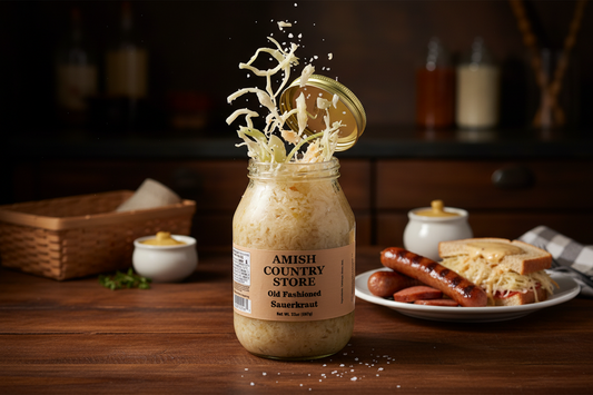 Canned Old Fashioned Sauerkraut in 32oz jar by Amish Country Store, showing the fermented cabbage product with a label.