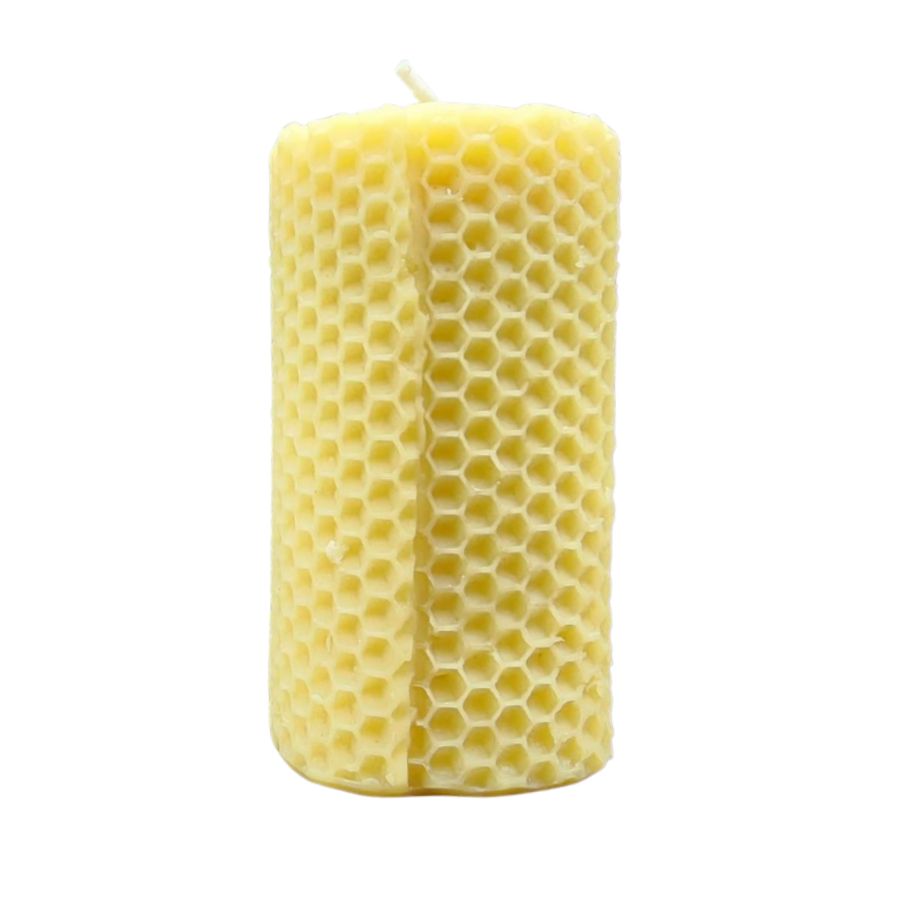 Beeswax honeycomb candle in a 6 oz container with natural honeycomb texture, designed by Buzz Savories, LLC