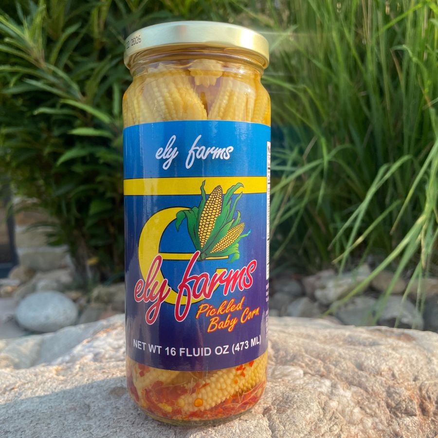 Three 16 oz packs of Ely Farms pickled baby corn, fresh and crunchy, in a food multipack from BuyNebraska.com.