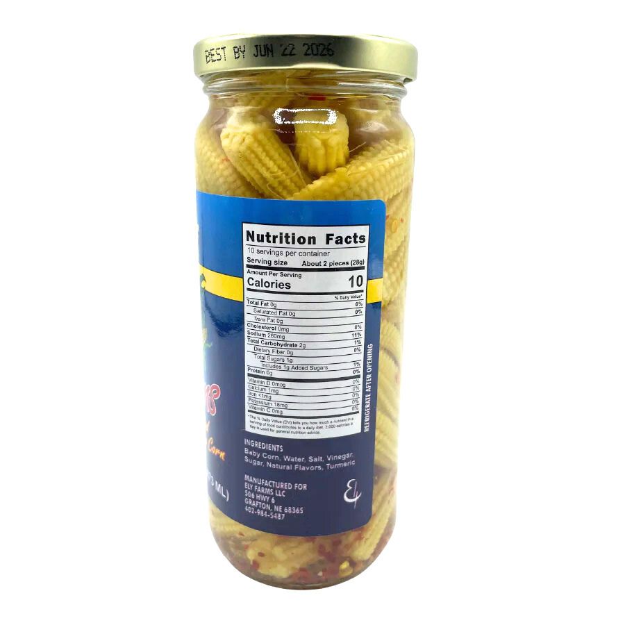 Three 16 oz packs of Ely Farms pickled baby corn in glass jars, ready for snacking or cooking.