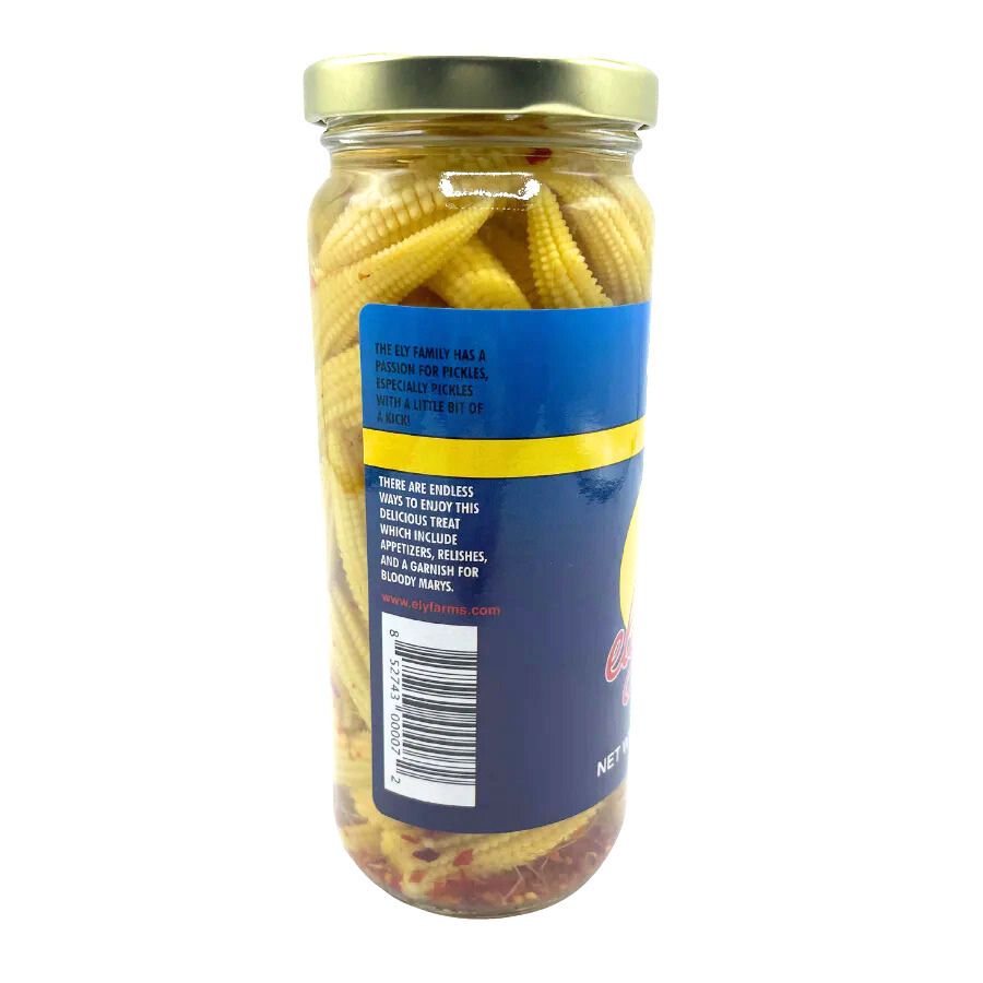 Three 16 oz packs of Ely Farms Pickled Baby Corn, food multipacks, arranged in a row with bright labels on the jars.