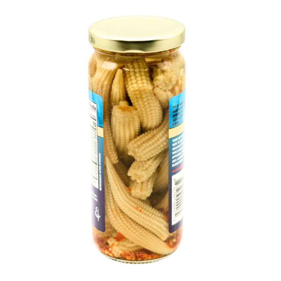 Three 16 oz jars of Ely Farms pickled baby corn in food multipacks, showing jars filled with pickled baby corn in brine.