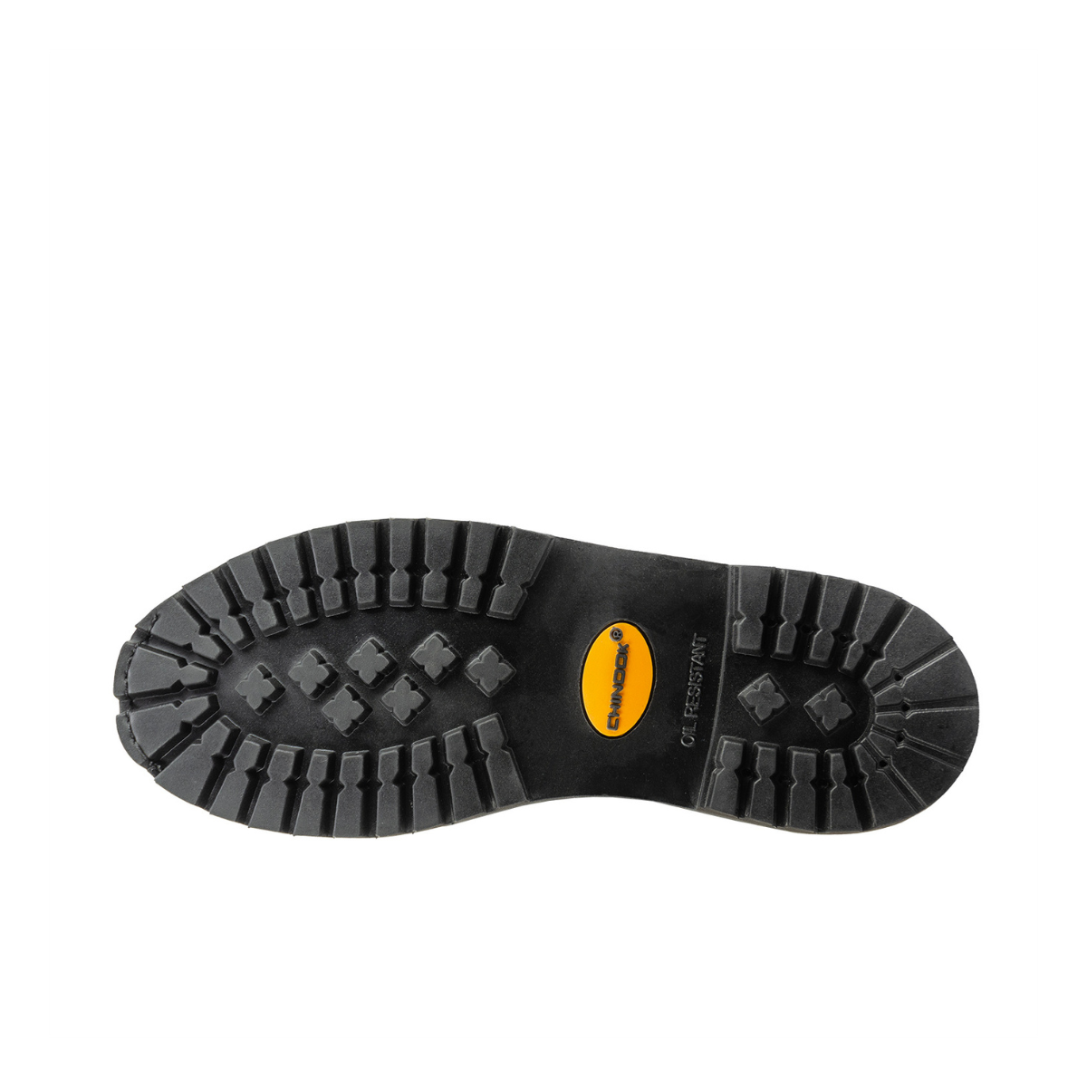 The image displays the black rubber outsole of the Chinook® Footwear Oil Rigger 6” Steel Toe Men’s Work Boot, featuring deep lugs for traction, OIL RESISTANT for durability, and an orange Vibram logo at the center.