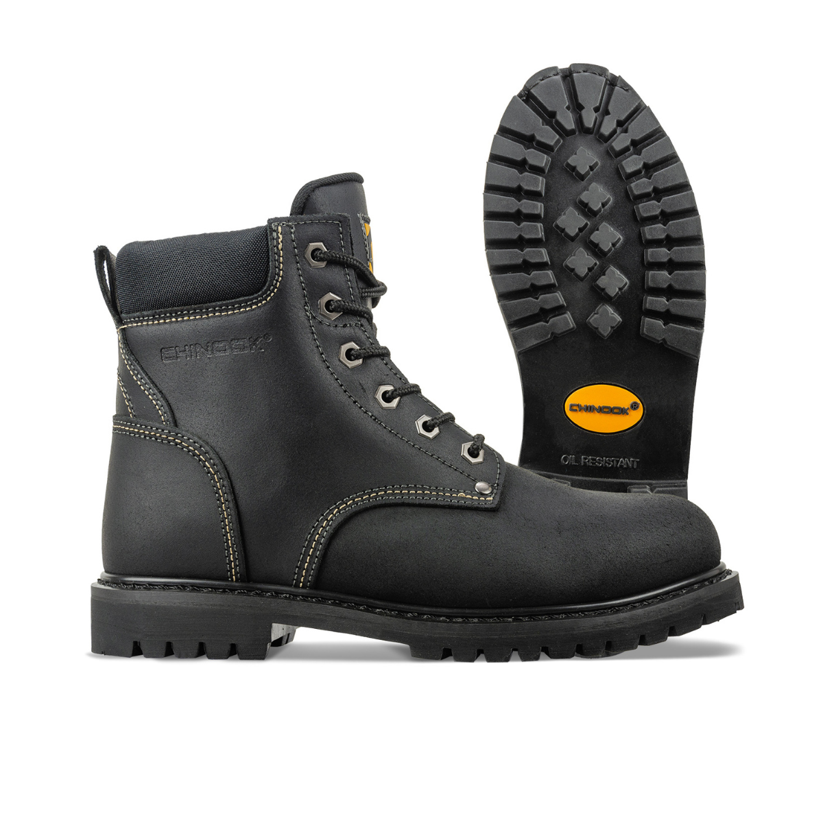 The Chinook® Footwear Oil Rigger 6” Steel Toe Men’s Work Boot in black features contrast stitching and an oil-resistant, textured non-slip sole—ideal worksite footwear. One boot shows the side, the other displays the branded sole.